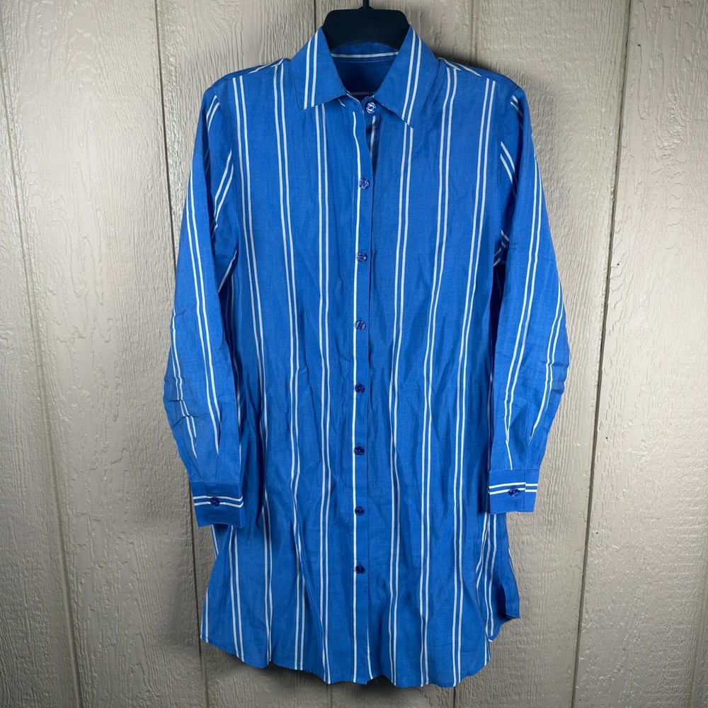 Summersalt Stripe Shirt Dress Cover Up XS Blue White Long Sleeve Roll Tab Tunic